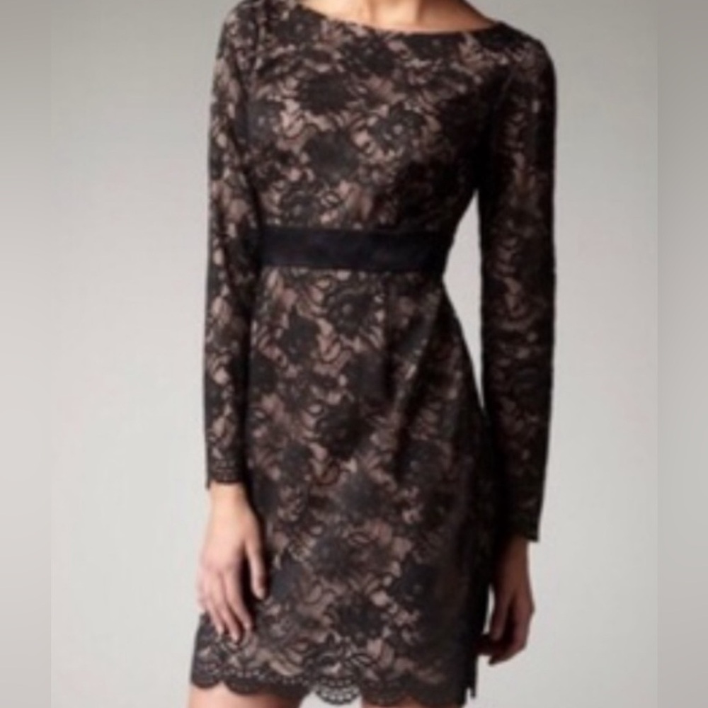 Trina Turk Dentille Lace Cocktail Dress Black Nude Longsleeve Size 2